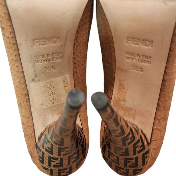 Fendi Shoes Womens 36.5 Tan Leather Embossed Python FF Heel Platform Pump US 6.5 - Picture 10 of 13